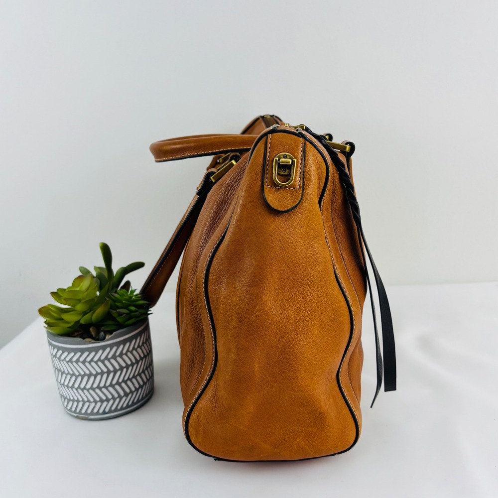 Fossil Carlie Leather Satchel Shoulder Cognac Bag Braided Tassel - Picture 6 of 10